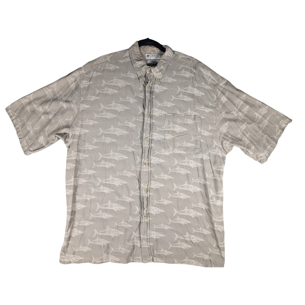 Columbia Sportswear Men's XL Short Sleeve Button Down Shirt Shark Print Gray VTG
